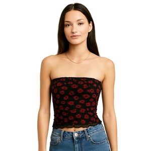 Free People Floral Mesh Strapless Top Black Red Lace Trim SzL Y2K Boho Stretchy